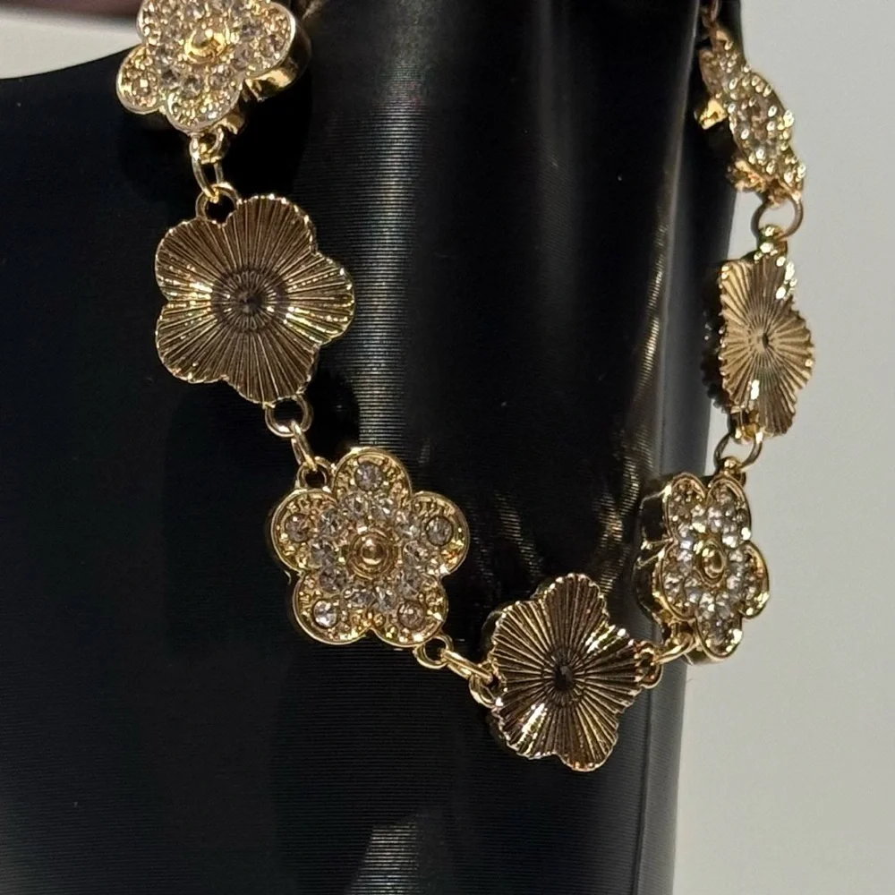 Gold Floral Bracelet with Rhinestones